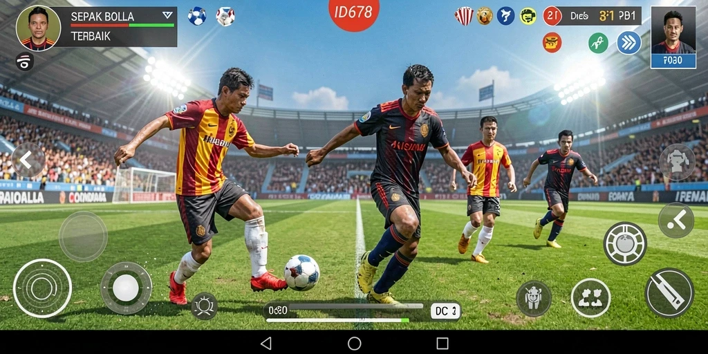 Screenshot menunjukkan pemain beraksi dalam pertandingan sepak bola yang intens.
