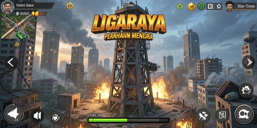 Gameplay LIGARAYA menampilkan menara menakjubkan dan gelombang musuh yang menantang.